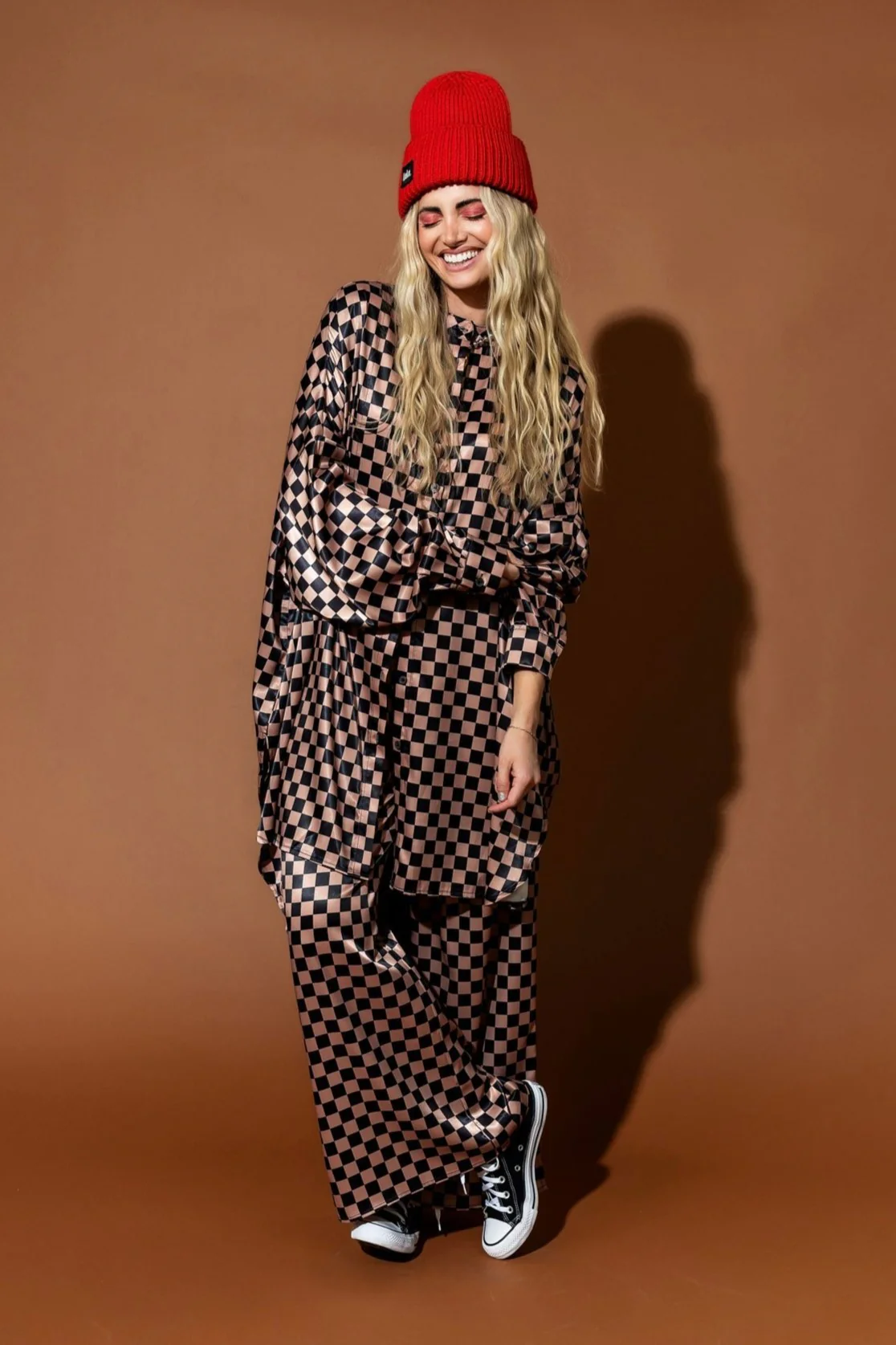 Lala Satin Playsuit in Iced Coffee Checkerboard