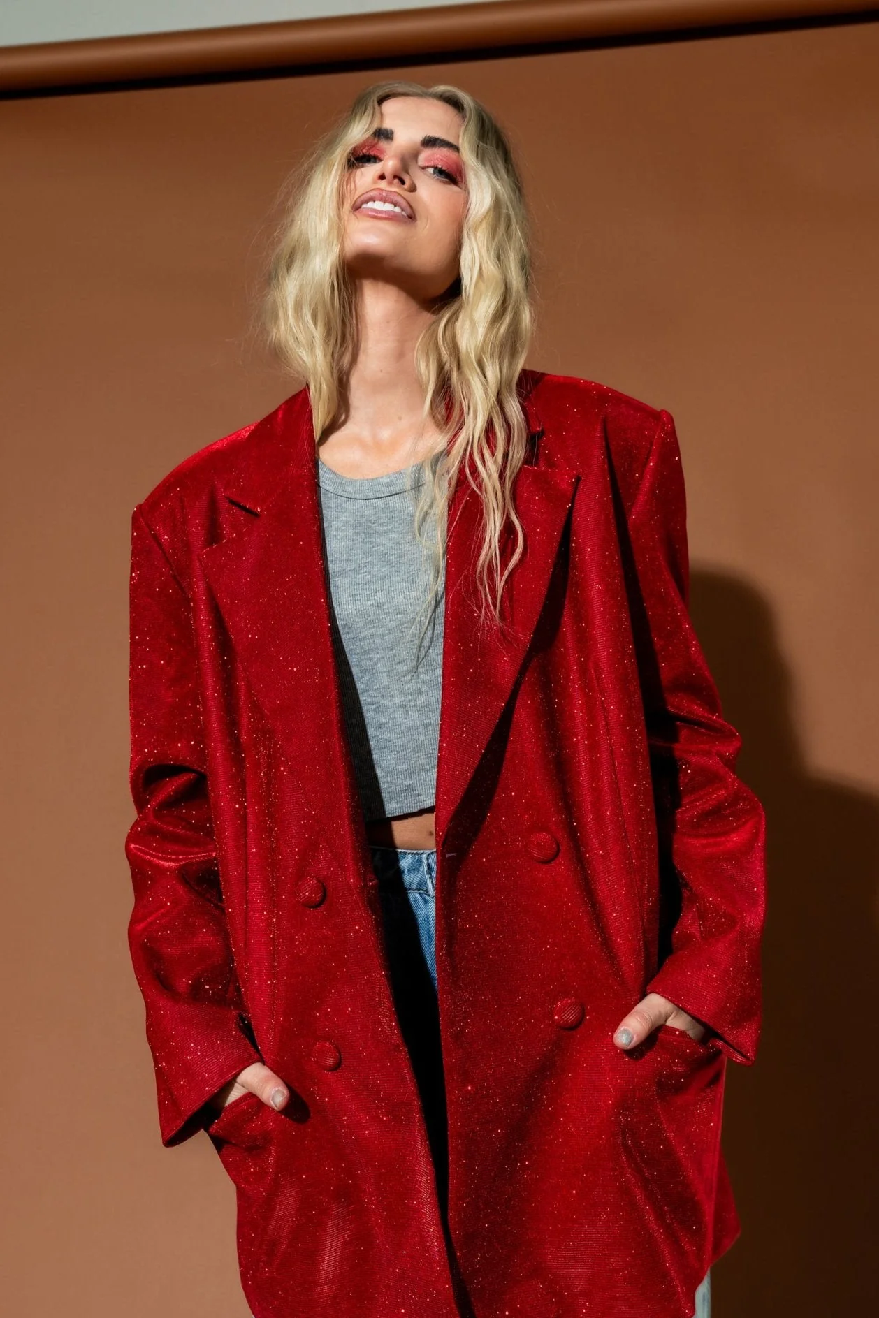 To The Disco Sparkle Boyfriend Blazer in Ruby Red
