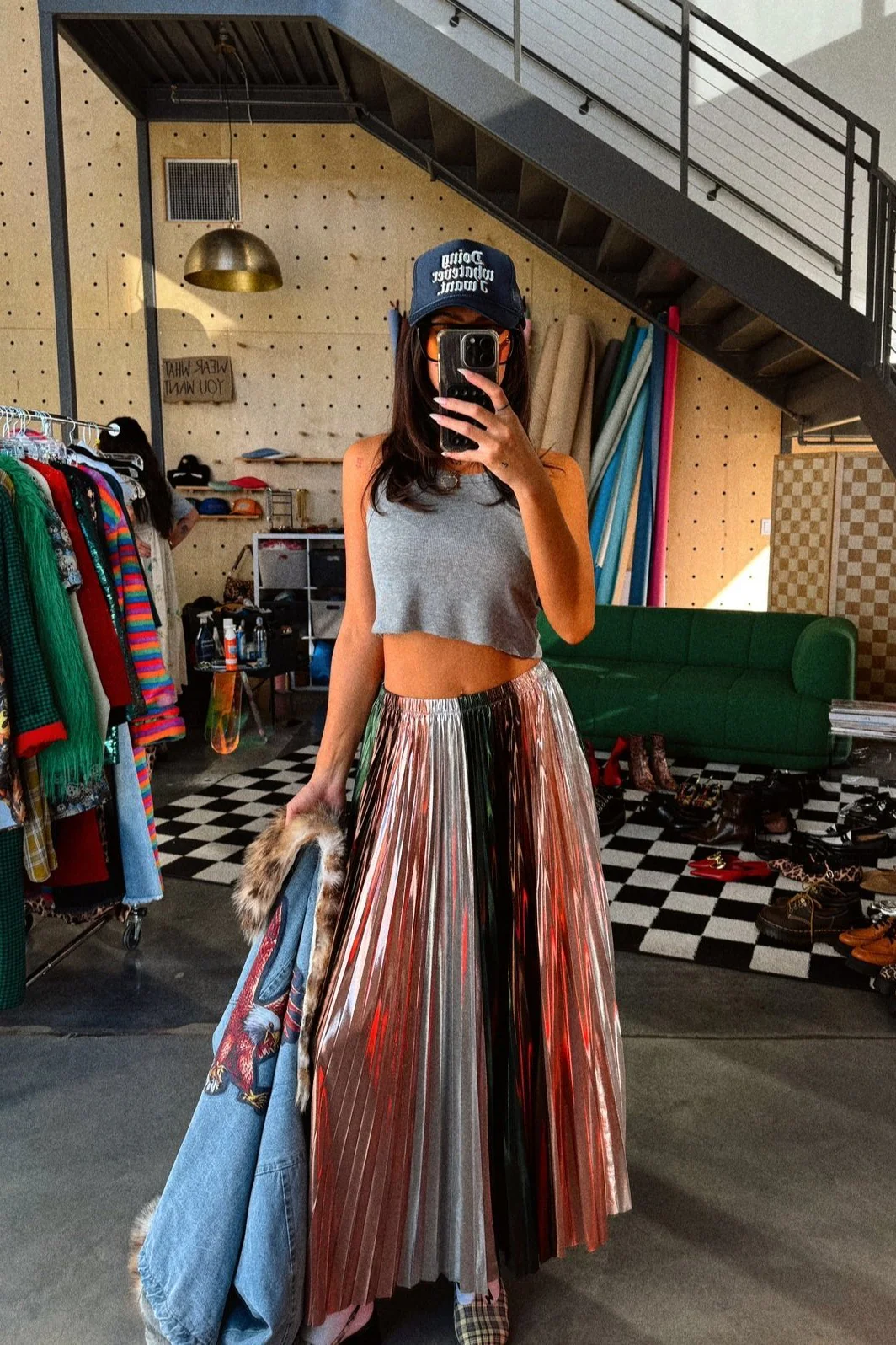 Metallic Pleated Midi Skirt in Ethereal Energy Panels