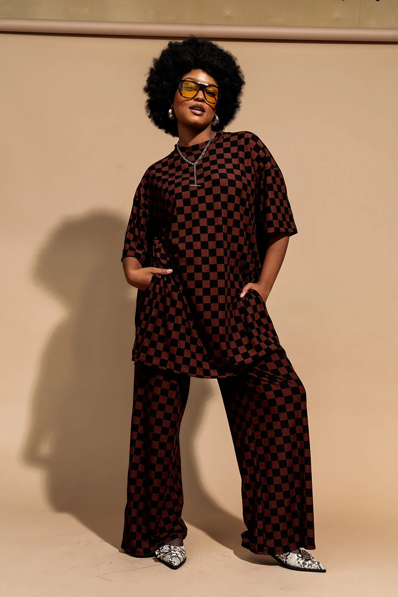 Leveled Up Ribbed Playsuit in Black + Mocha Checkerboard