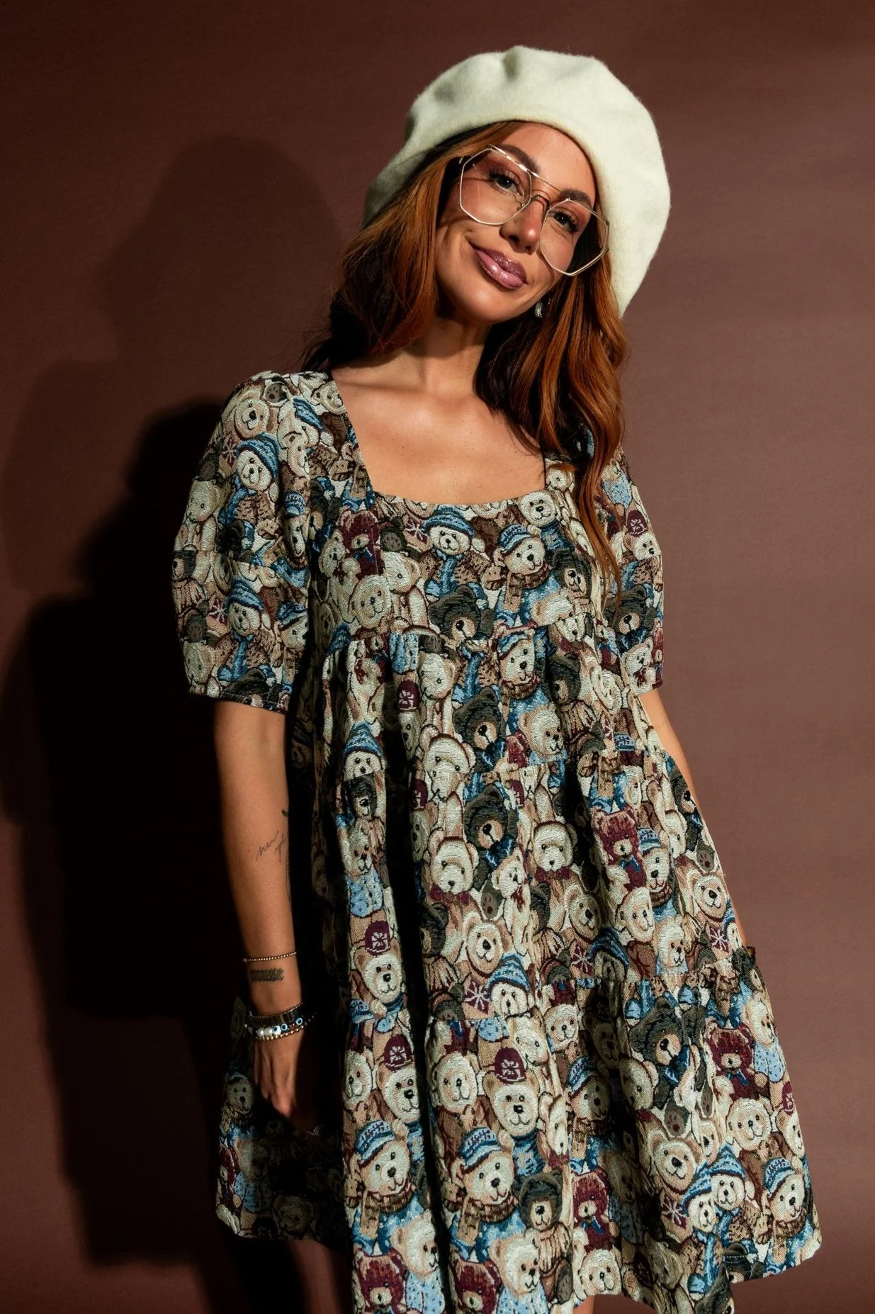 Estate Sale Jacquard Mini Dress in Teddy Bears
