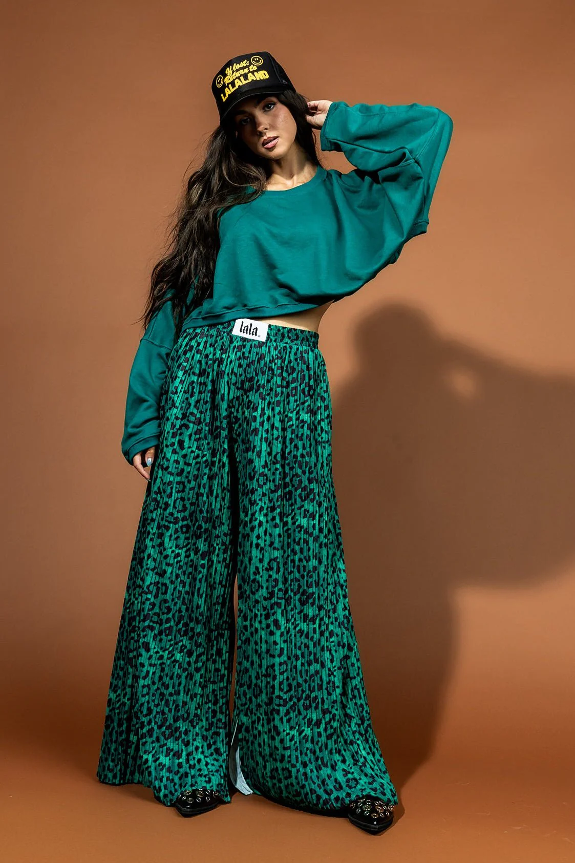 Total Knock Out Pleated Boxer Pants in Emerald Leopard