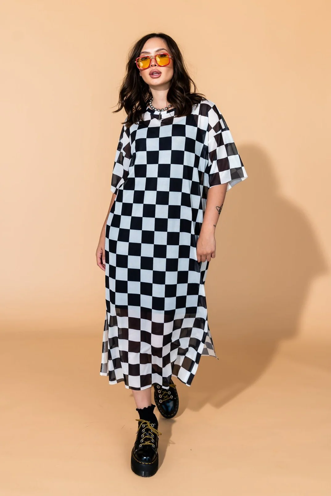 Karma Oversized Mesh Dress + Slip in Checkerboard