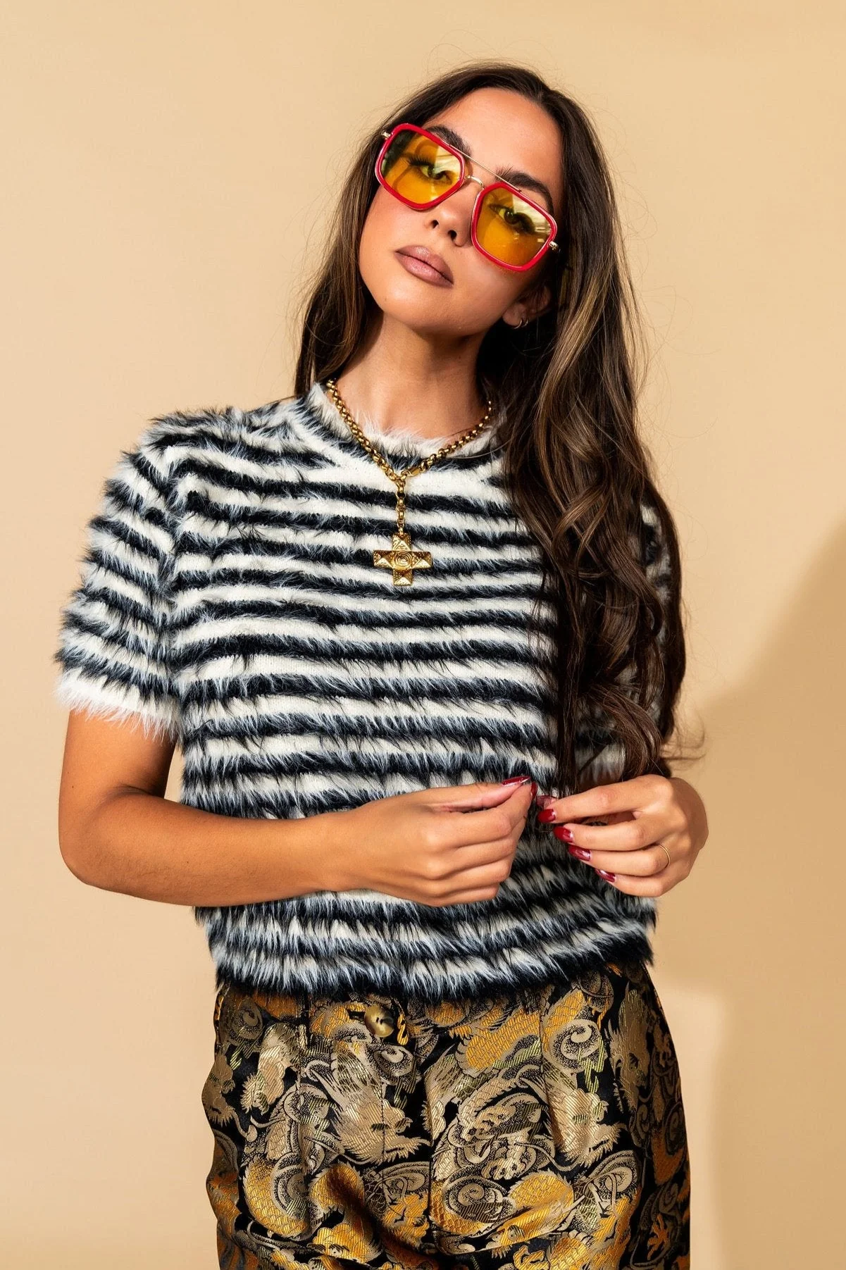 Be Proud Of Yourself Fuzzy Knit Top in Black + White