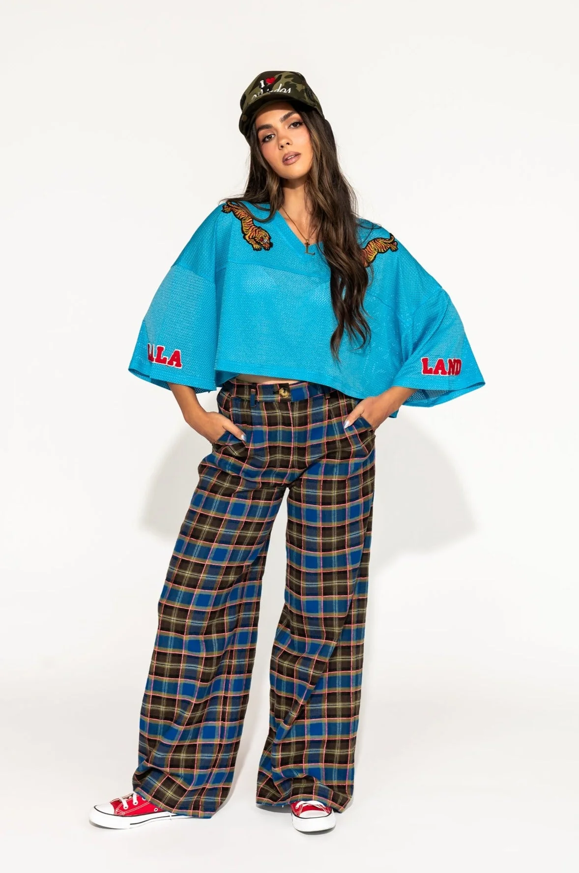 GILF Wide Leg Trousers in Blue + Brown