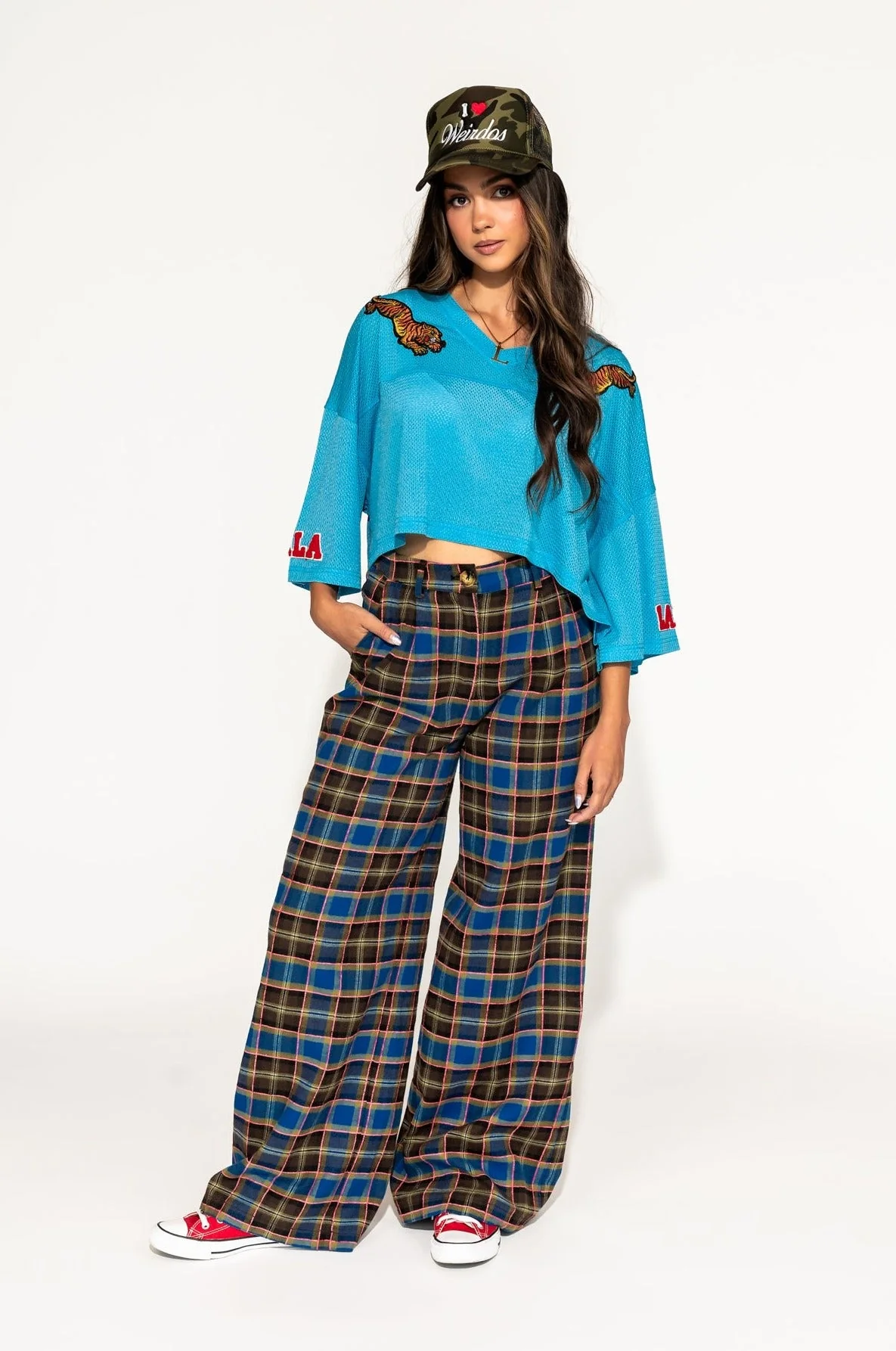 GILF Wide Leg Trousers in Blue + Brown