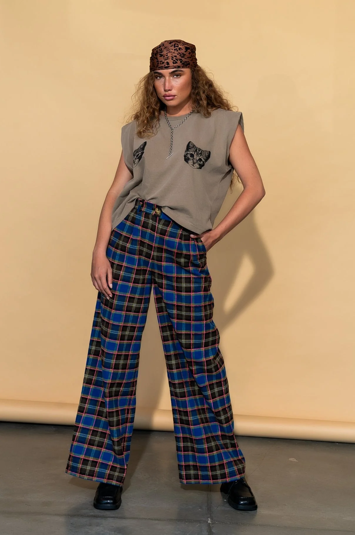 GILF Wide Leg Trousers in Blue + Brown