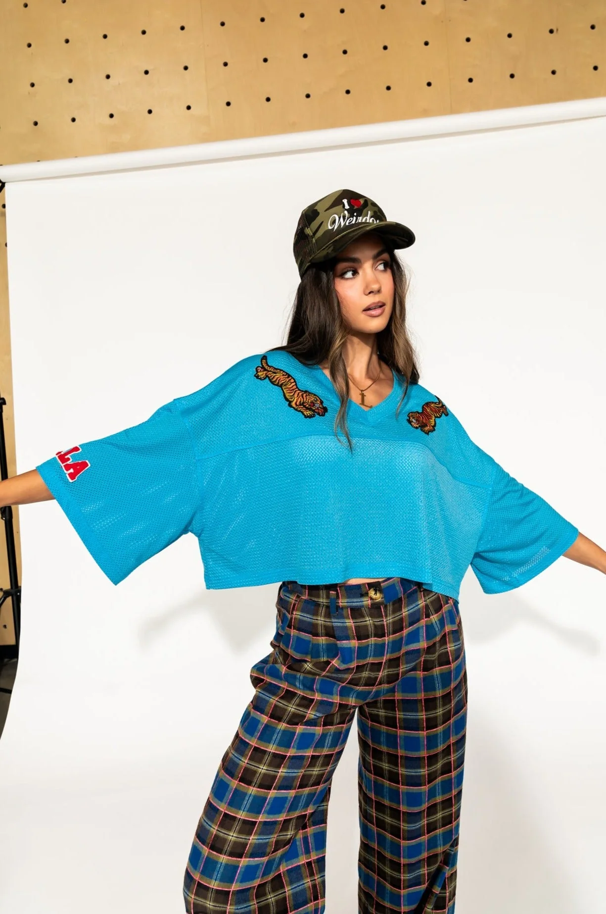 GILF Wide Leg Trousers in Blue + Brown