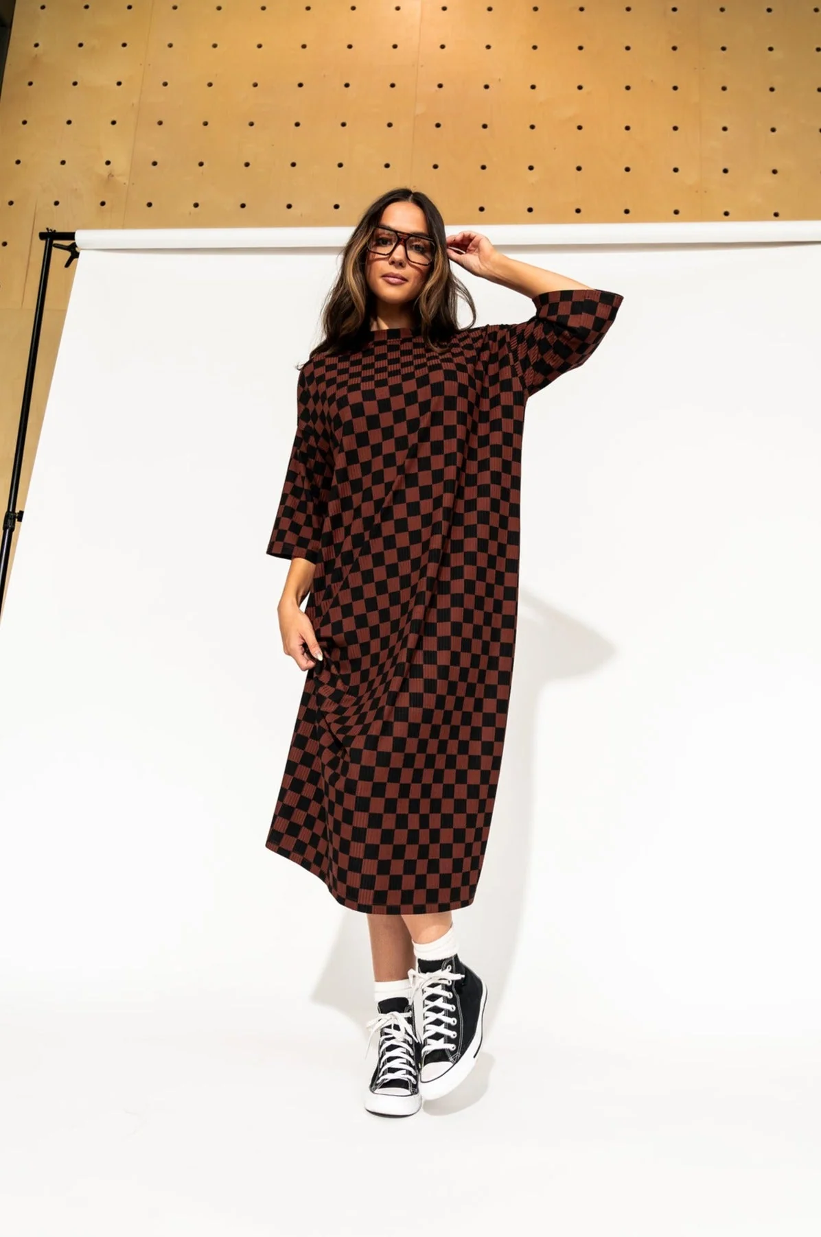 Ozzy Dress in Black + Mocha Checkerboard