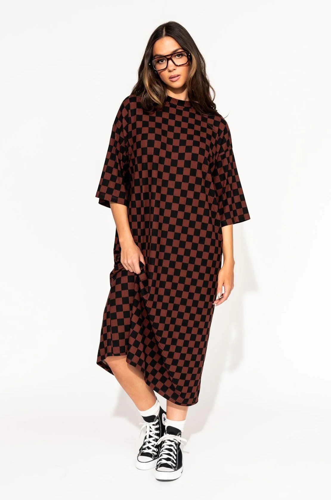 Ozzy Dress in Black + Mocha Checkerboard