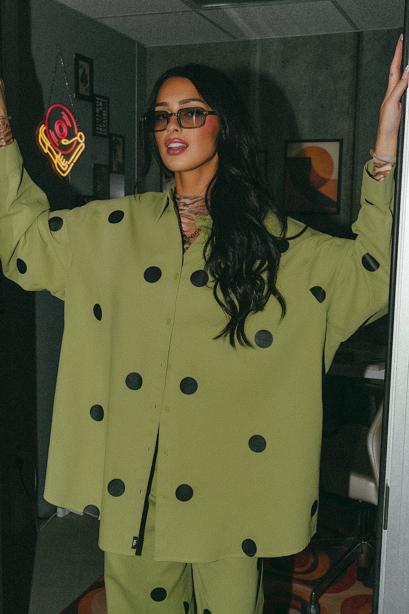 Cause a Scene Polka Dot Shirt Jacket in Avocado Green