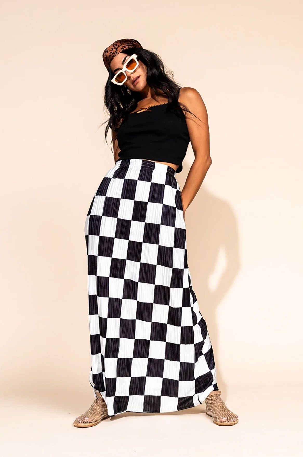 Santorini Midi Plisse Skirt in Black + White Check