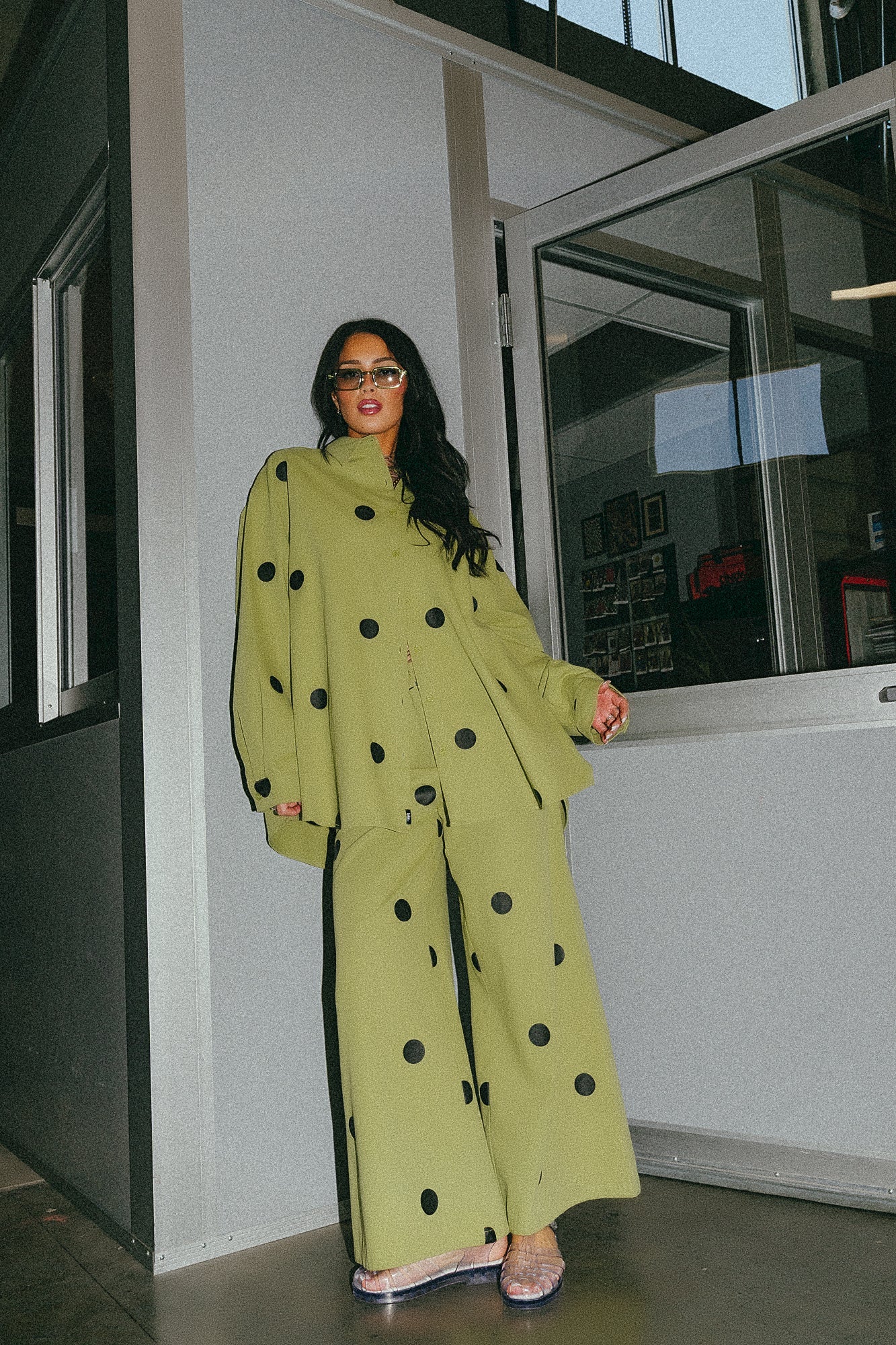 Cause a Scene Wide Leg Polka Dot Pants in Avocado Green