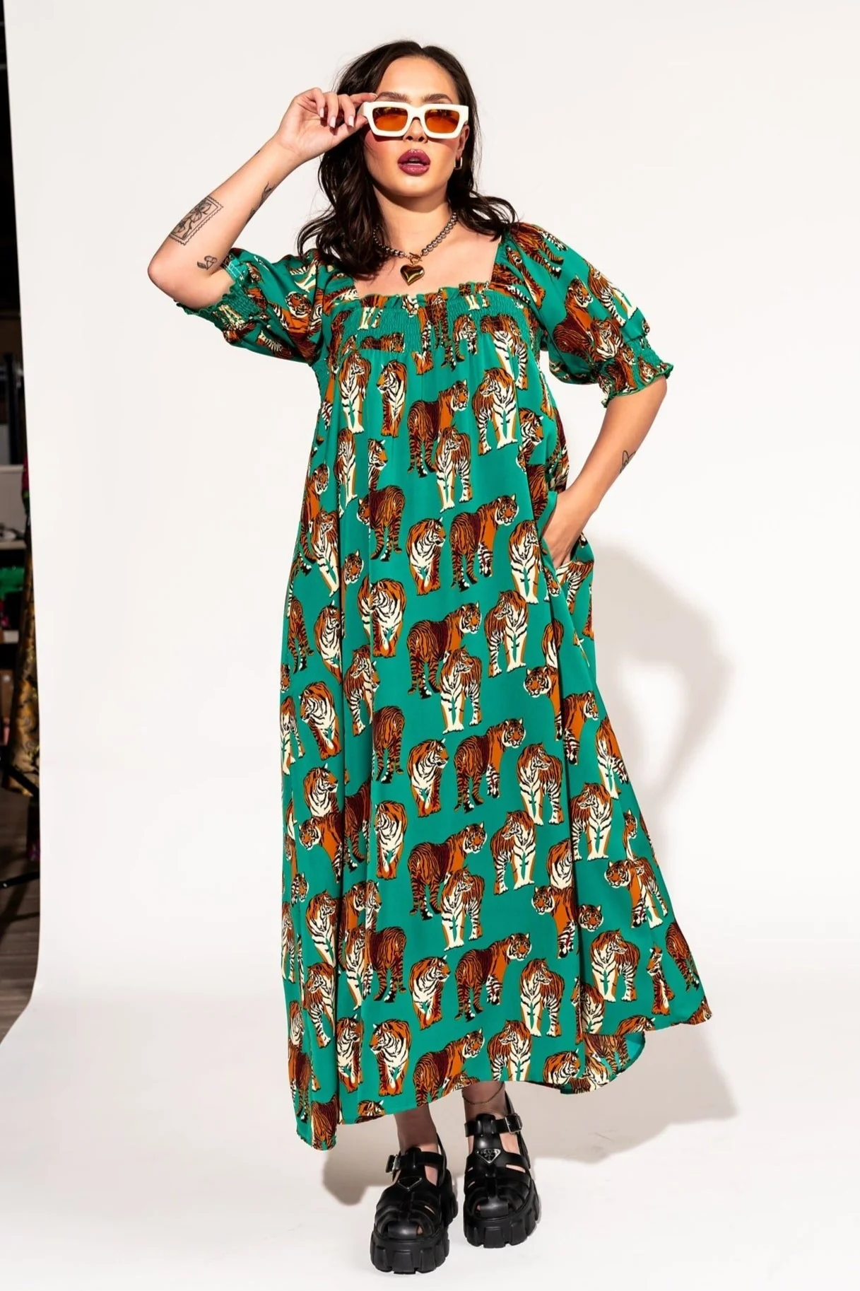 Palm Springs Smocked Dress in Tiger Tales