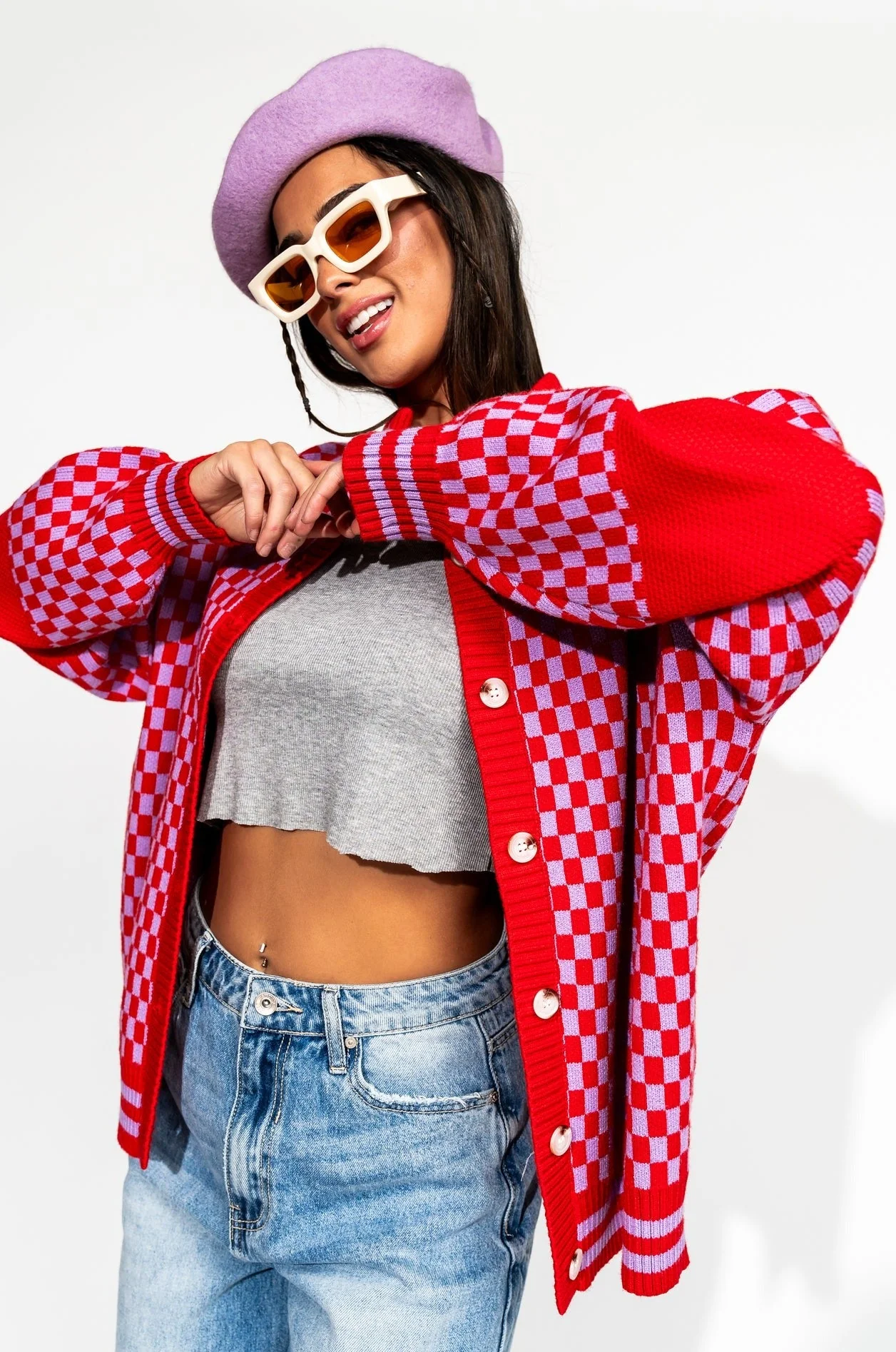 Get What I Want Grandpa Cardigan in Lavender + Red