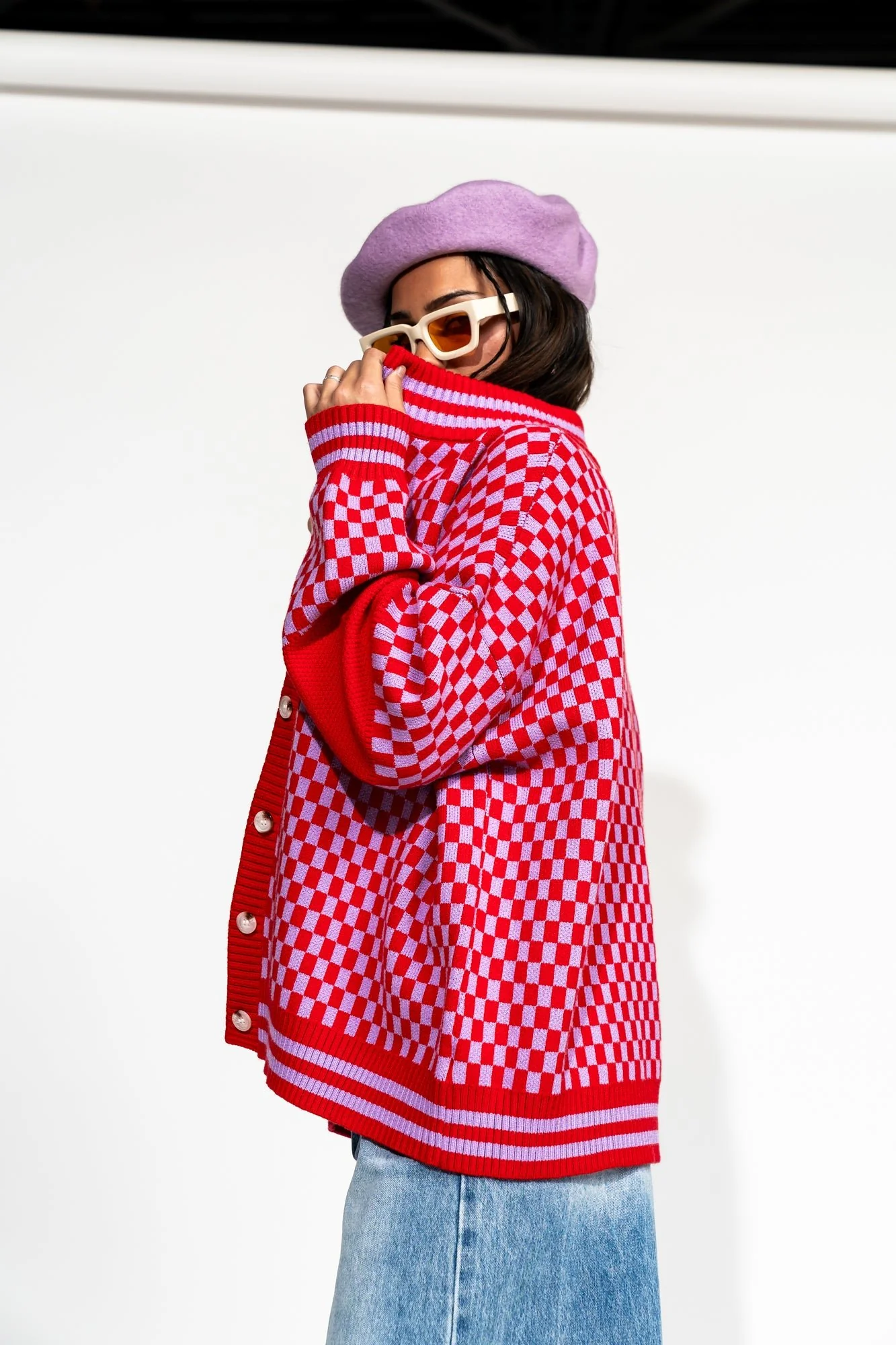 Get What I Want Grandpa Cardigan in Lavender + Red