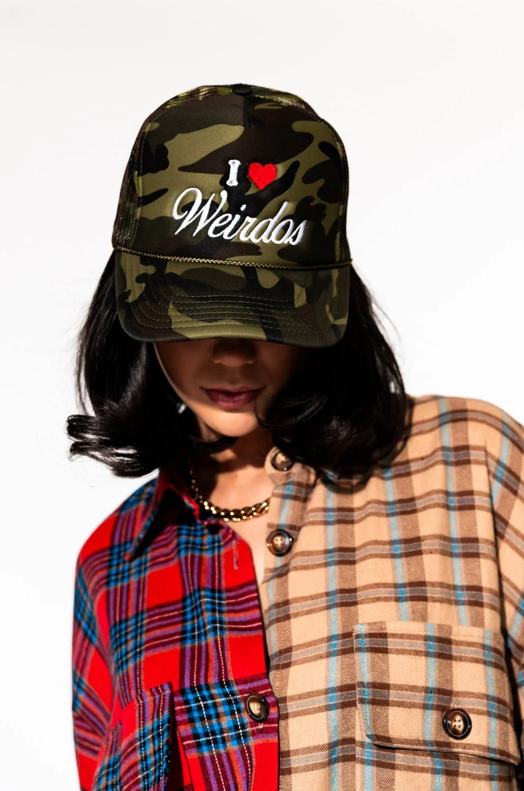 I Love Weirdos Embroidered Trucker Hat in Camo