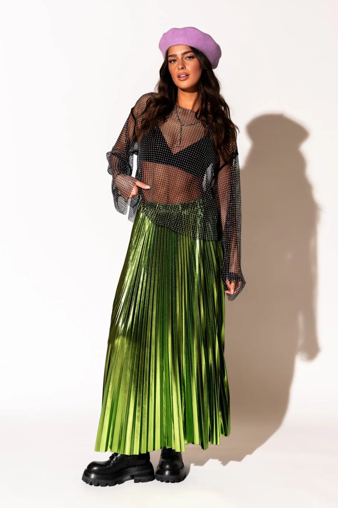Metallic Pleated Midi Skirt in Electric Lime