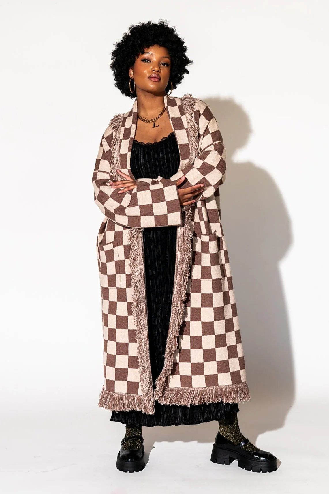 Luxe Fringe Blanket Cardigan in Neutral Check Deliciousness