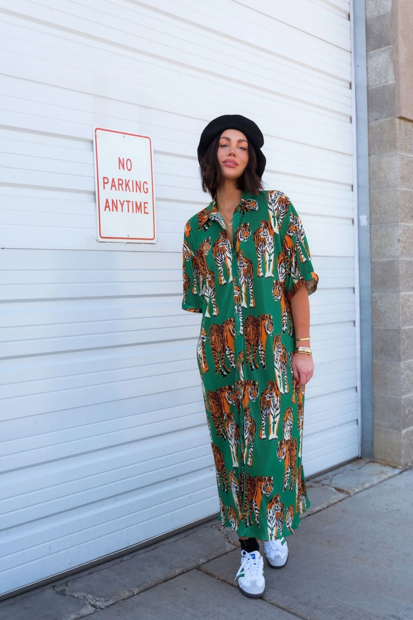 So Far So Good Oversized Plissé Dress in Tiger Tales