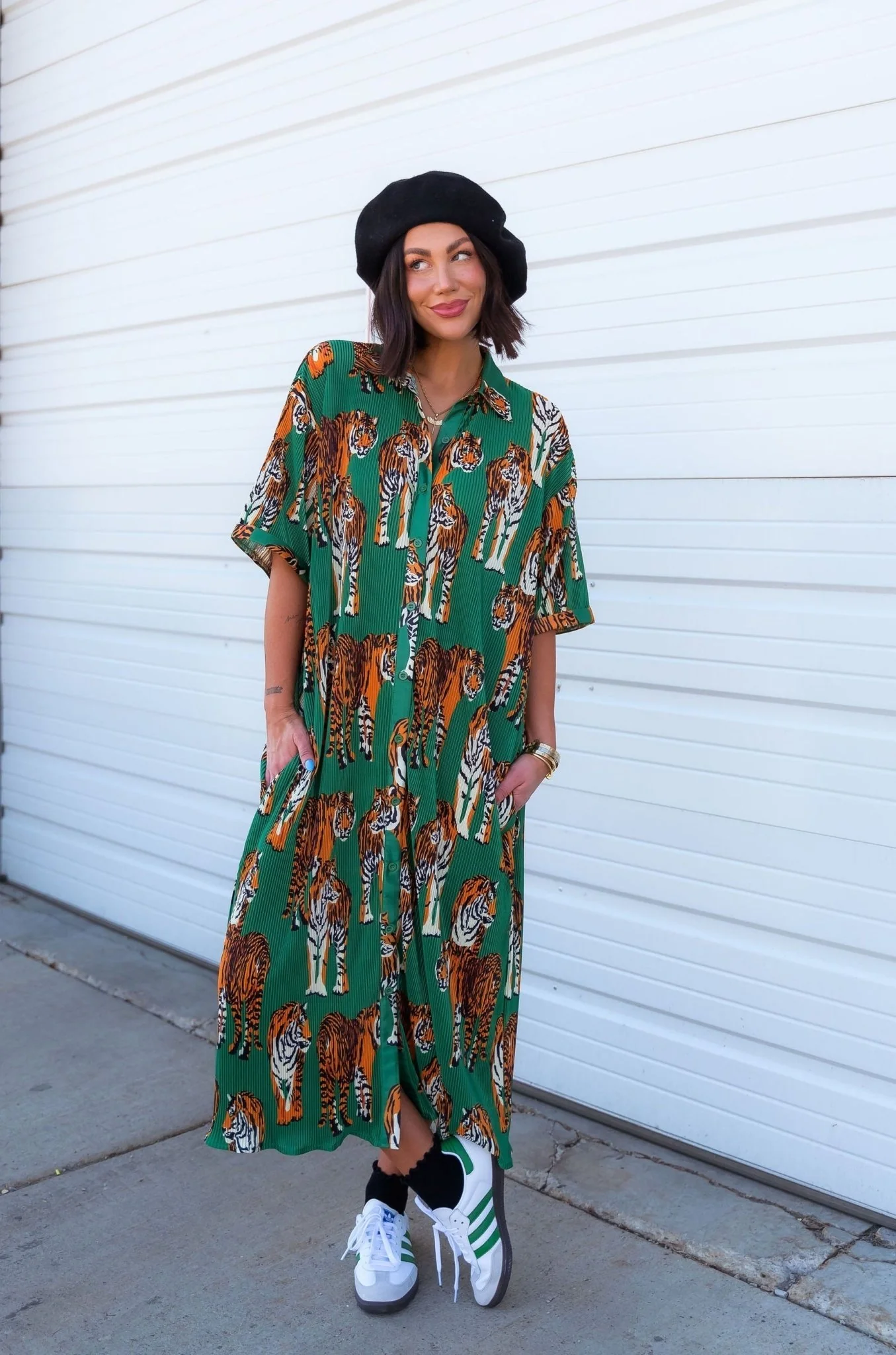 So Far So Good Oversized Plissé Dress in Tiger Tales