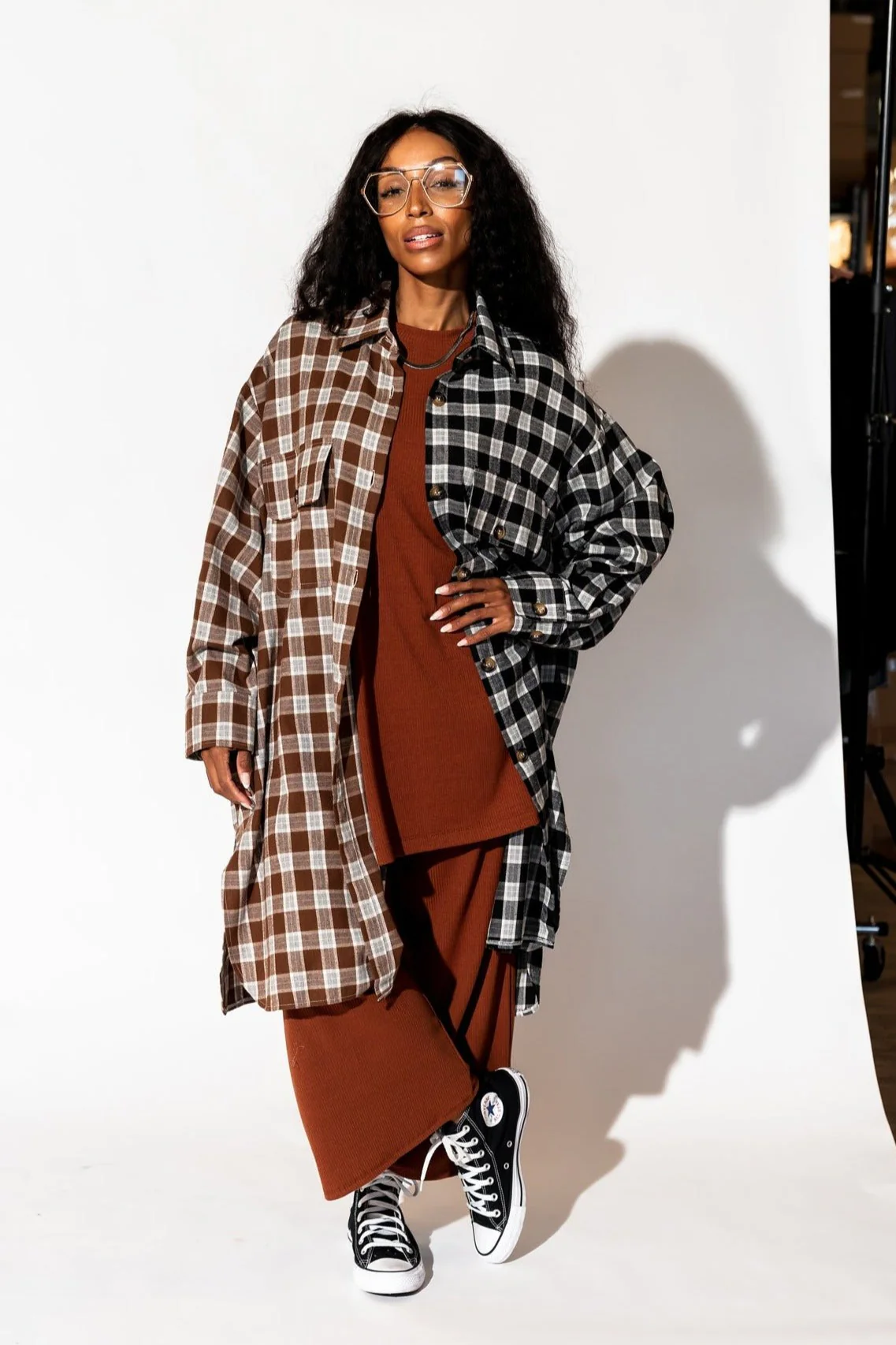 Zuri Oversized Grunge Flannel in Half + Half Mocha and Black