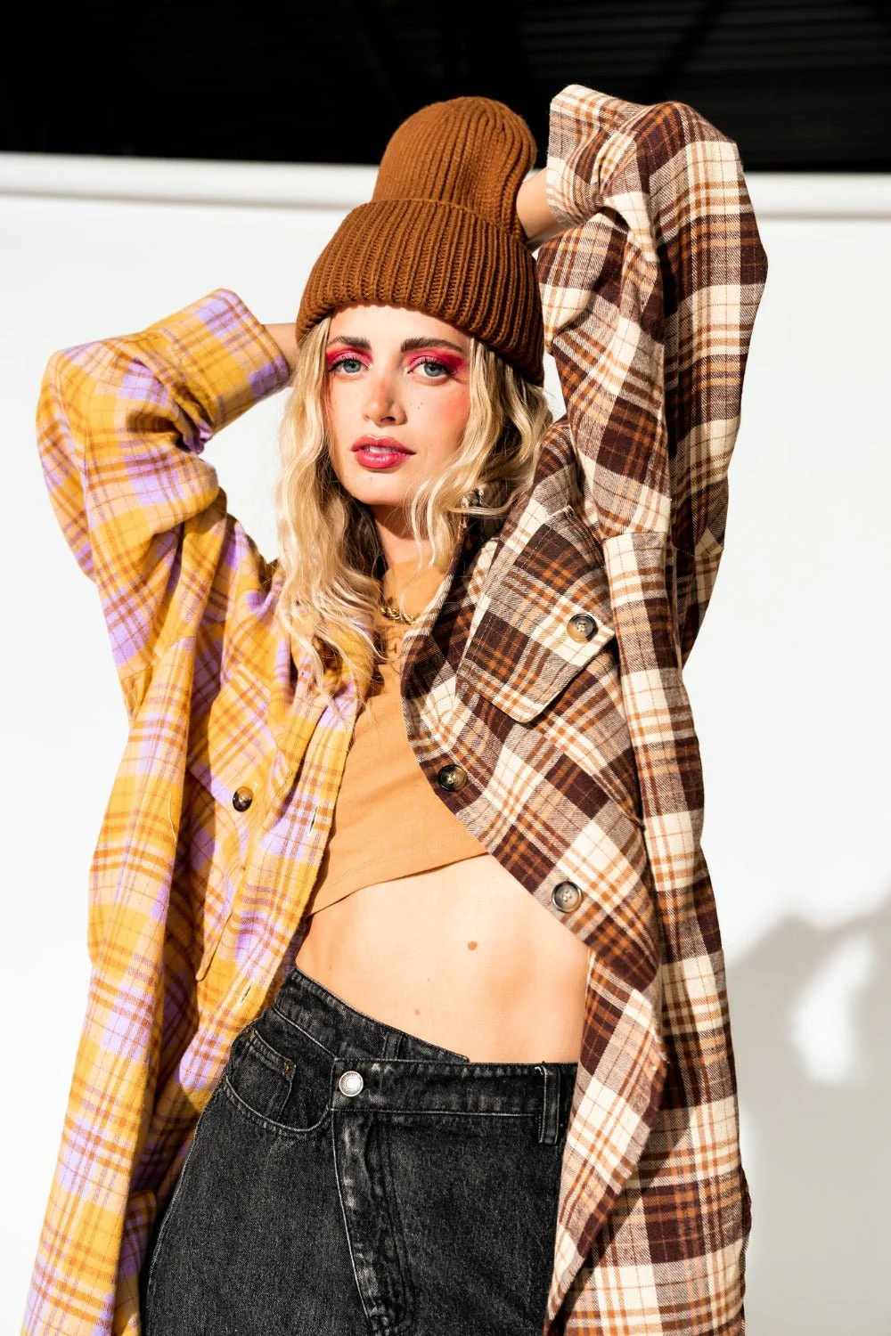 Zuri Oversized Grunge Flannel in Half + Half Yellow and Brown