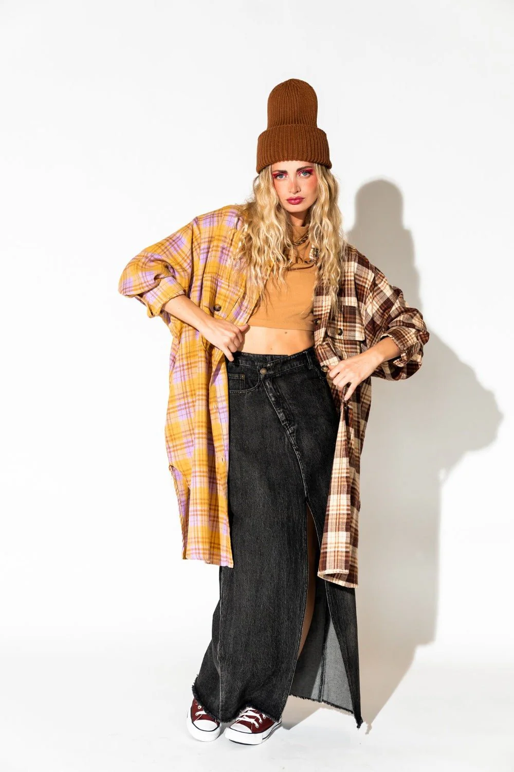 Zuri Oversized Grunge Flannel in Half + Half Yellow and Brown