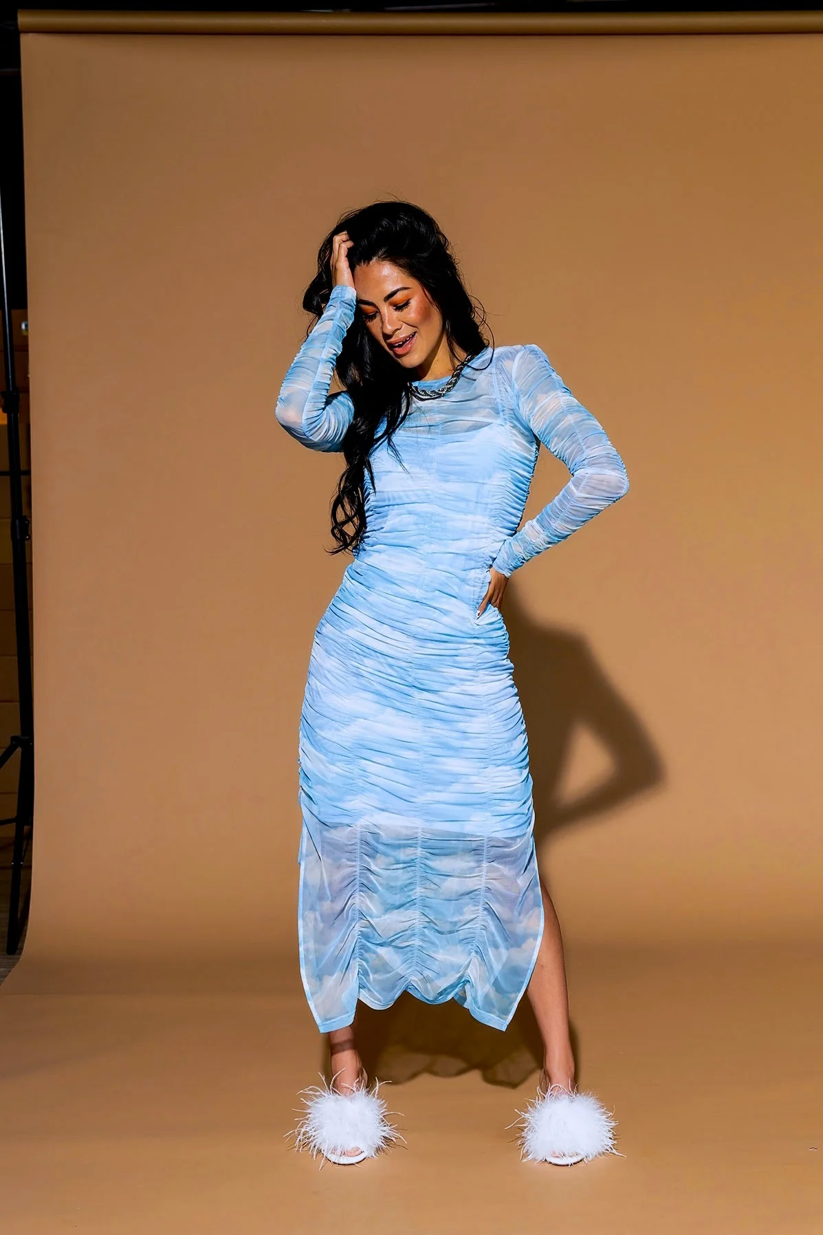 Queen of the World Ruched Mesh Dress + Slip in Cloud