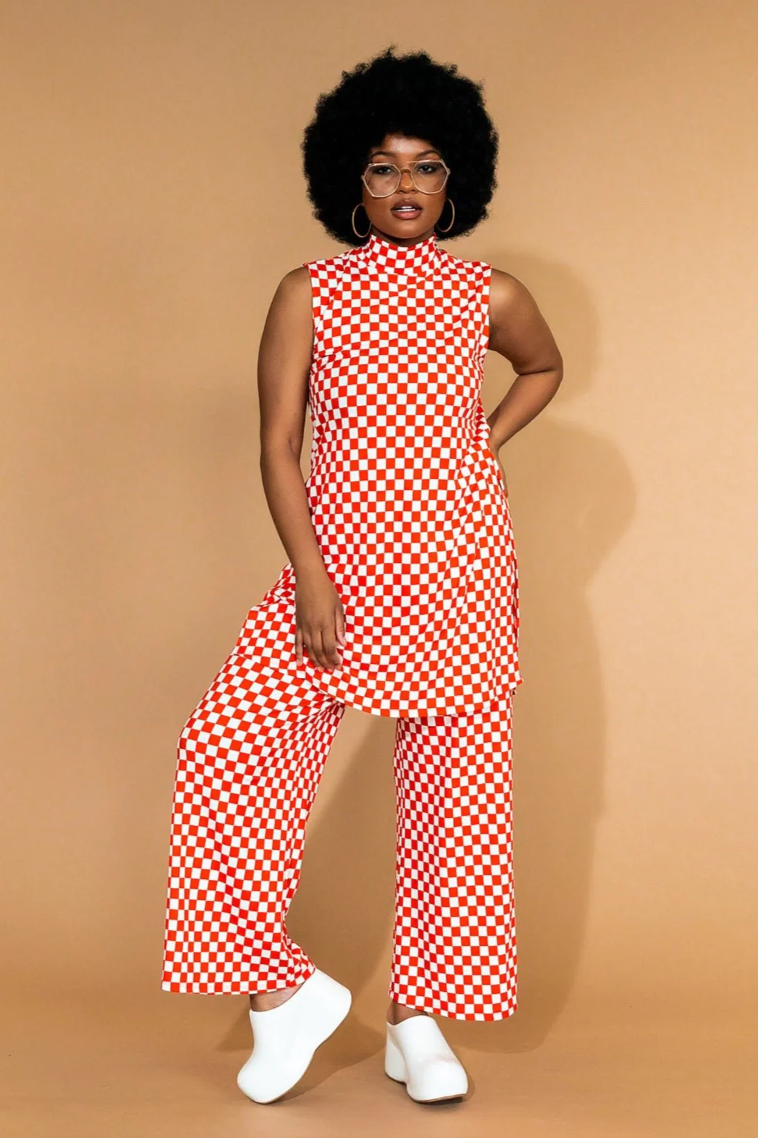 Gigi Sleeveless Ribbed Playsuit in Retro Red Check