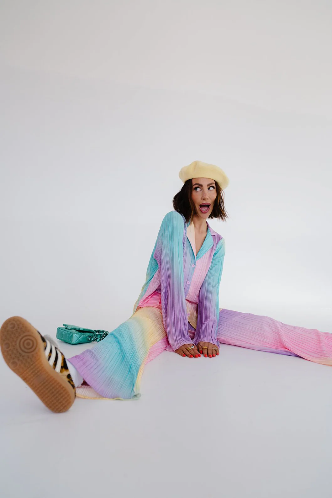 Long Sleeve Plissé Set in Rainbow Daydream