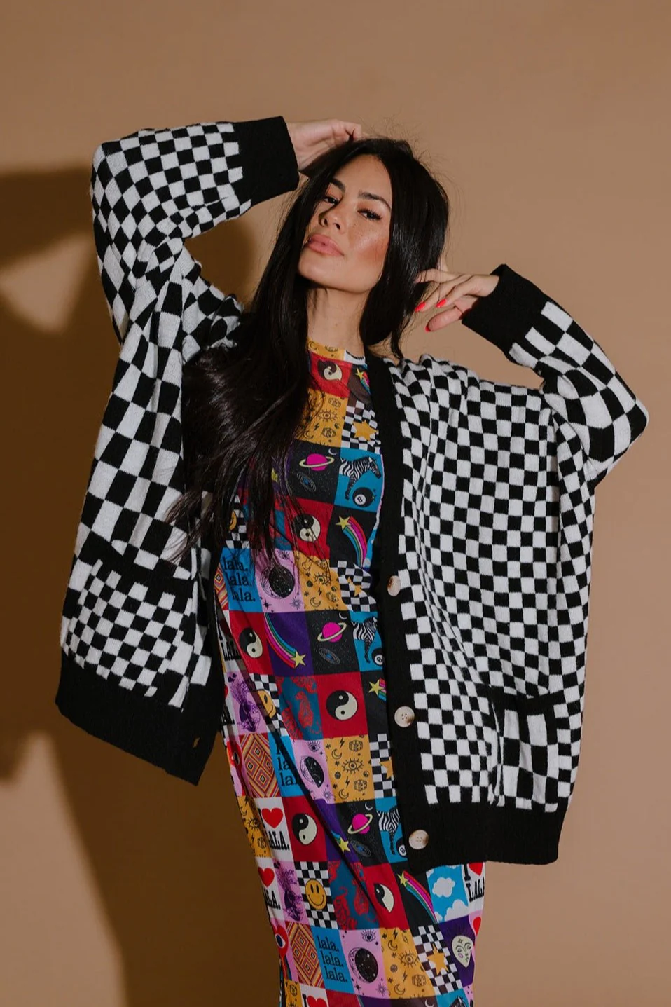Love You Oversized Cardigan in Mixed Checkerboard