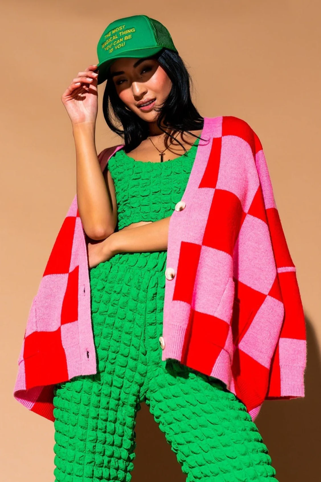 Love You Oversized Checkerboard Cardigan in Red + Pink