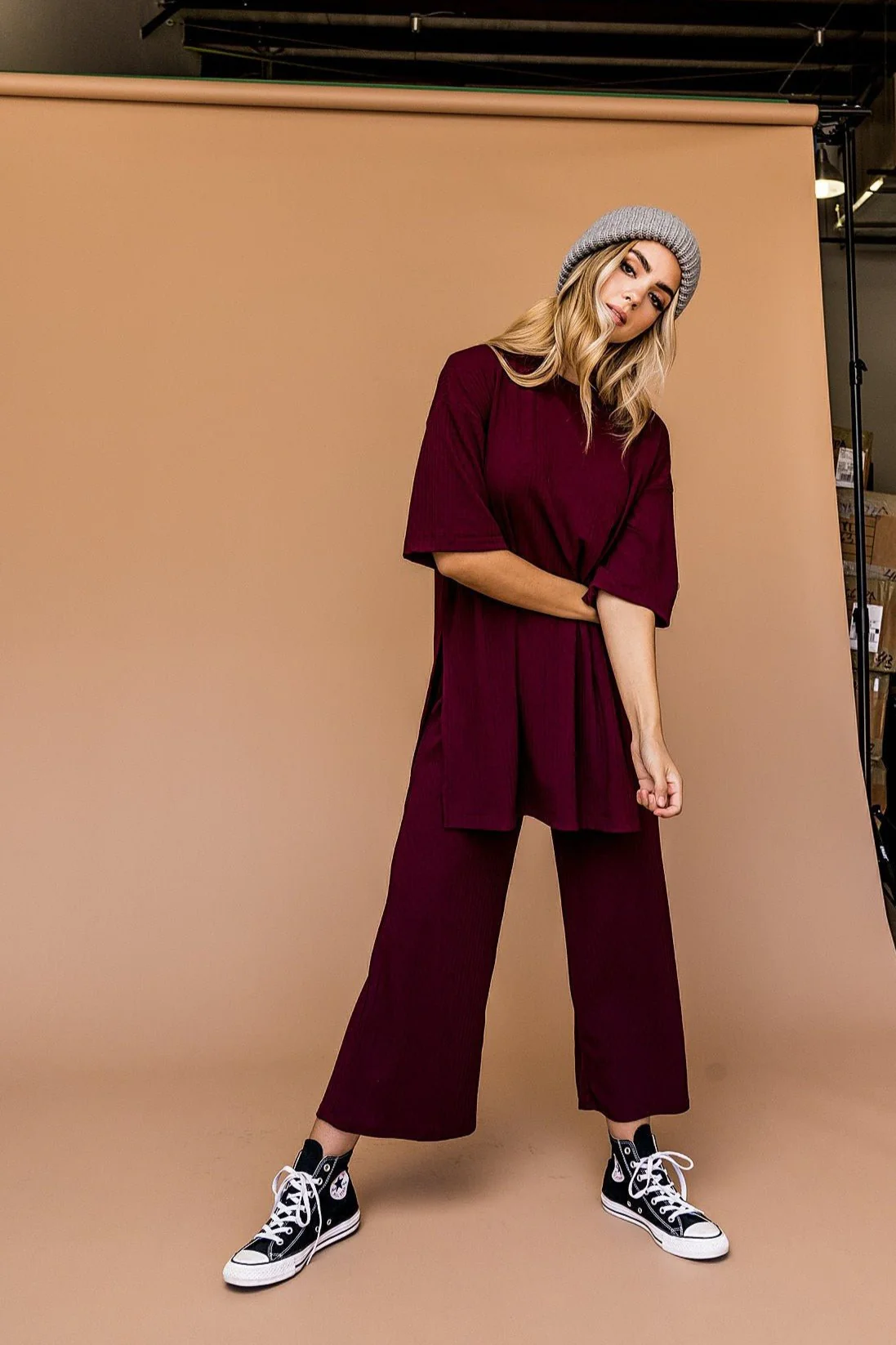 Lex Ribbed Playsuit in Wine