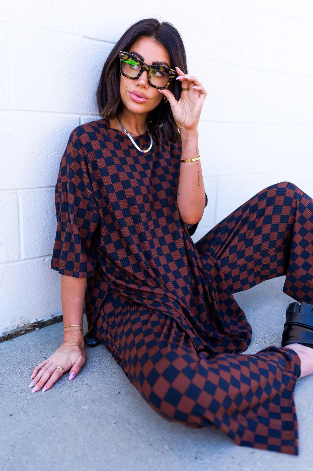 Lex Ribbed Checkerboard Playsuit in Black + Mocha