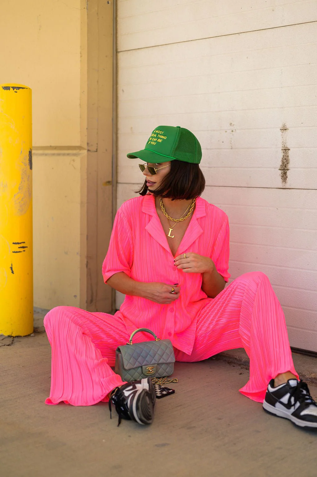 The World is Yours Plissé Set in Electric Pink