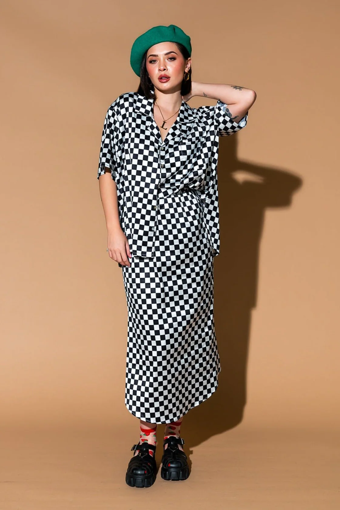 Take Risks Checkerboard Satin Matching Skirt Set
