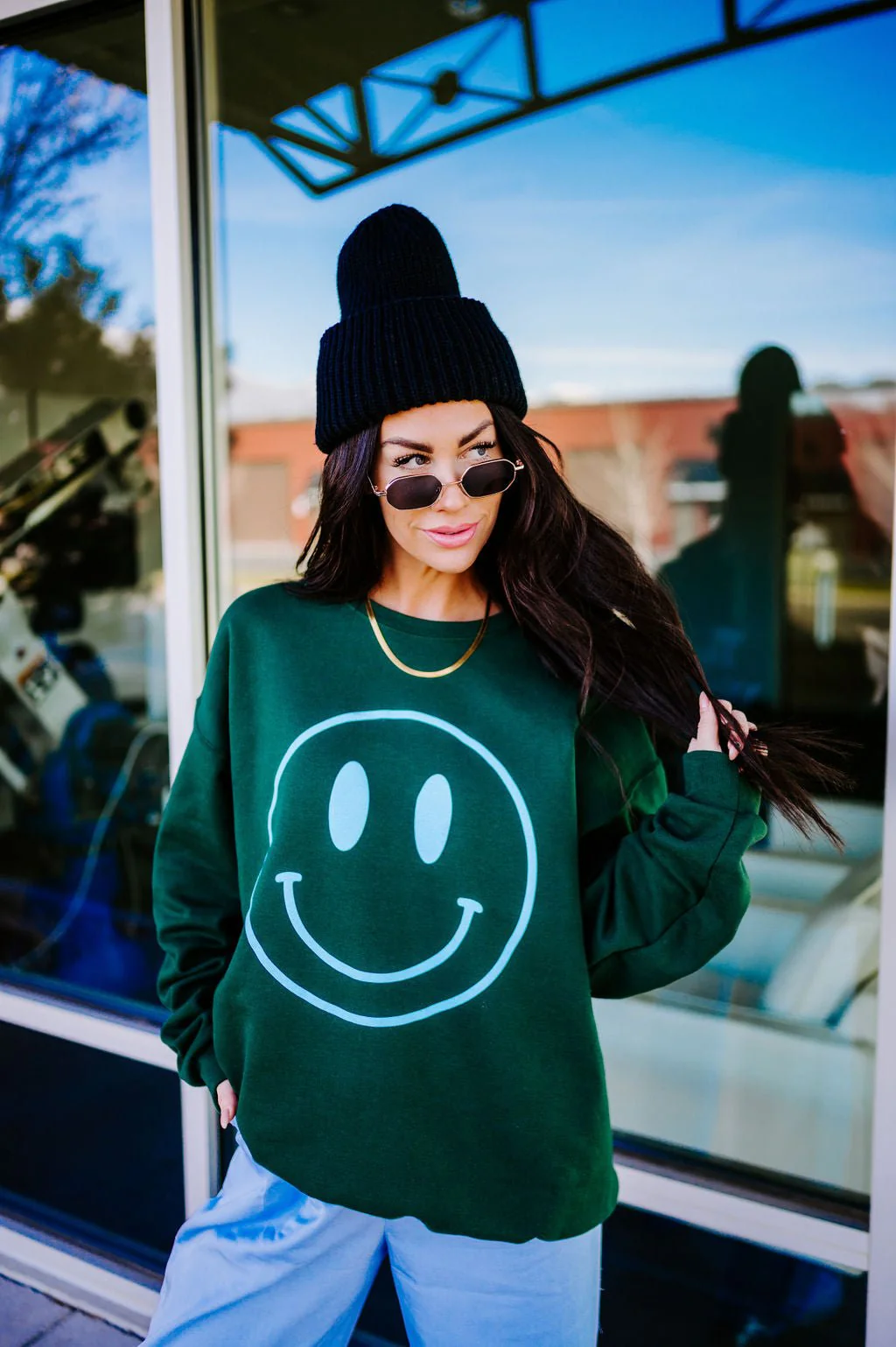 The World Needs Your Magic Puff Print Pullover in Emerald + Sky