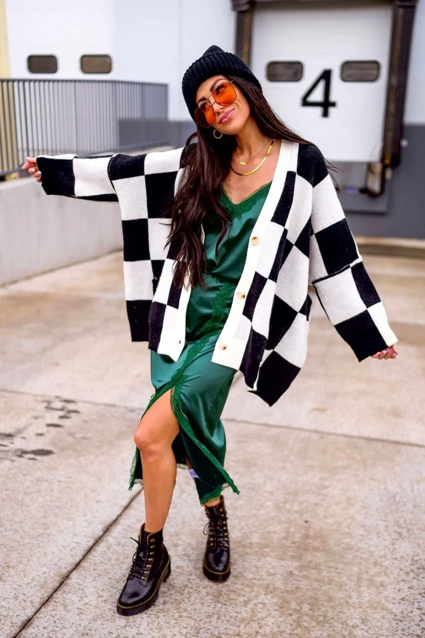 Love You Oversized Checkerboard Cardigan in Black + White