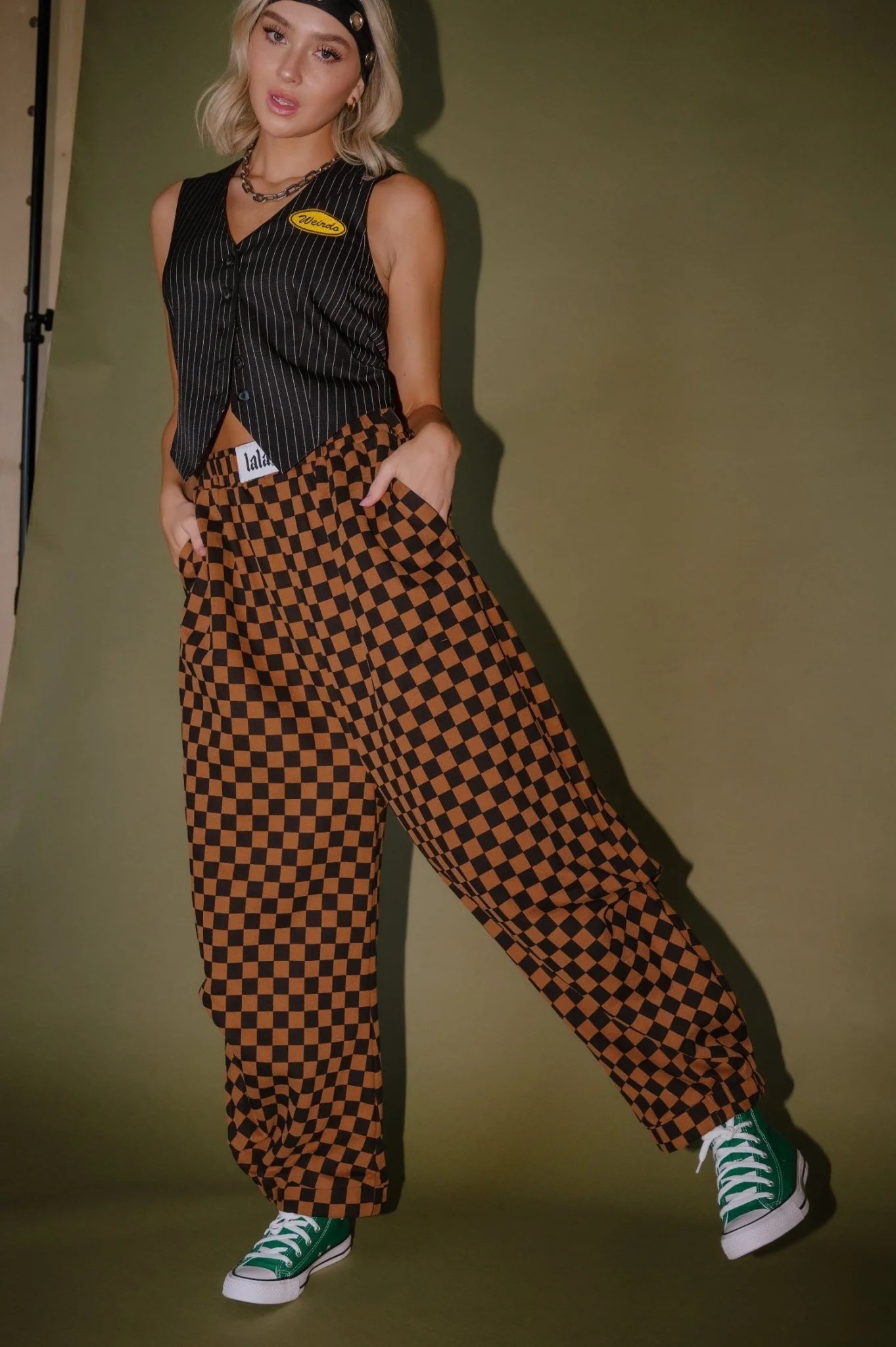 Rocky Harem Pants in Caramel + Black Checkerboard