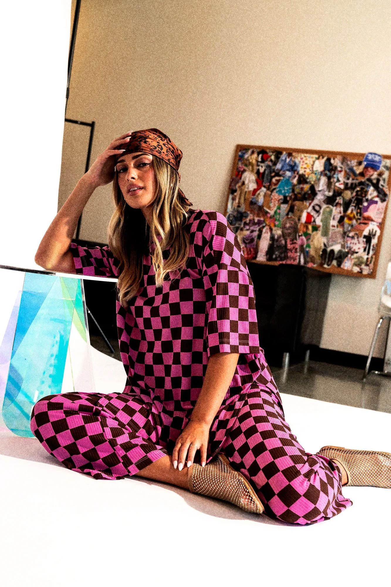 Lex Ribbed Checkerboard Playsuit in Sunset Boulevard
