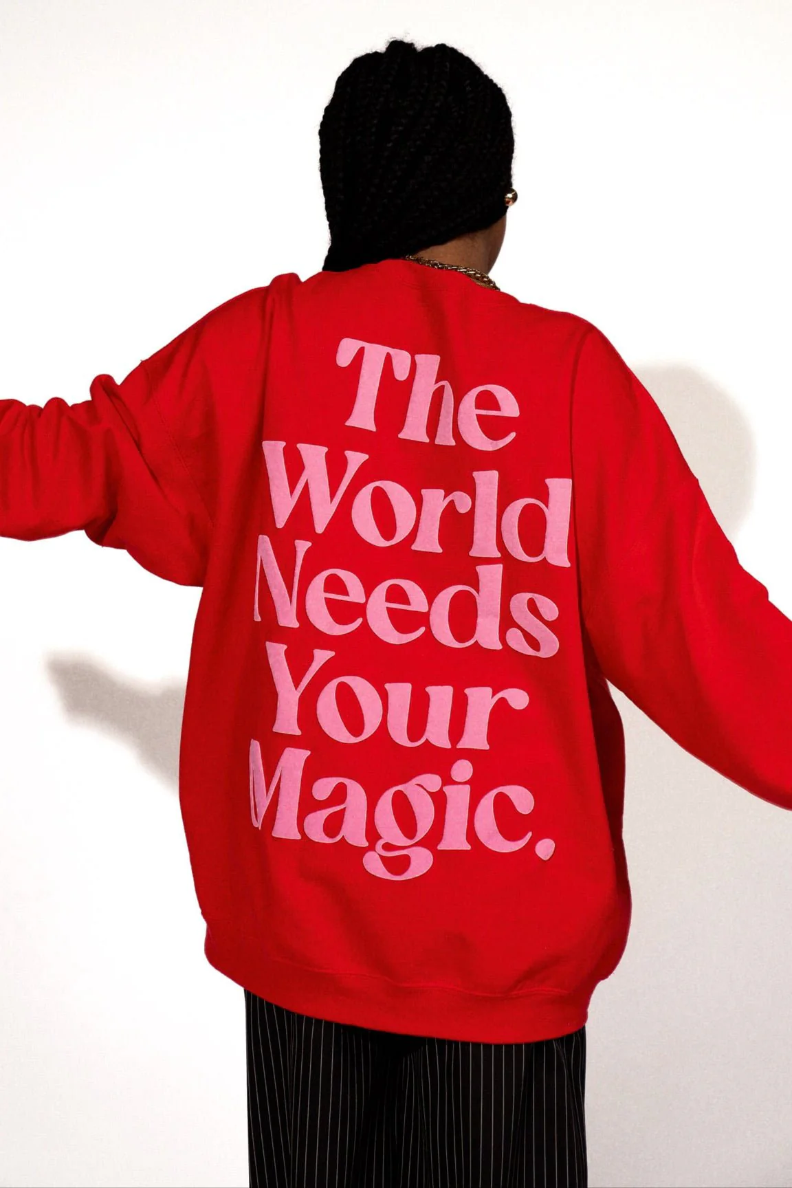 The World Needs Your Magic Oversized Pullover in Red + Pink