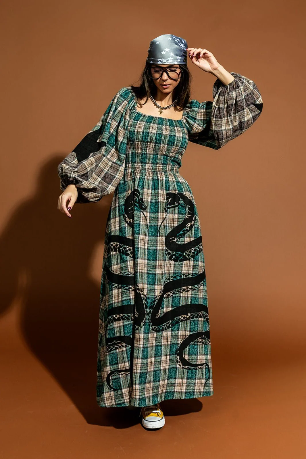 Sweet Revenge Smocked Plaid Snake Dress