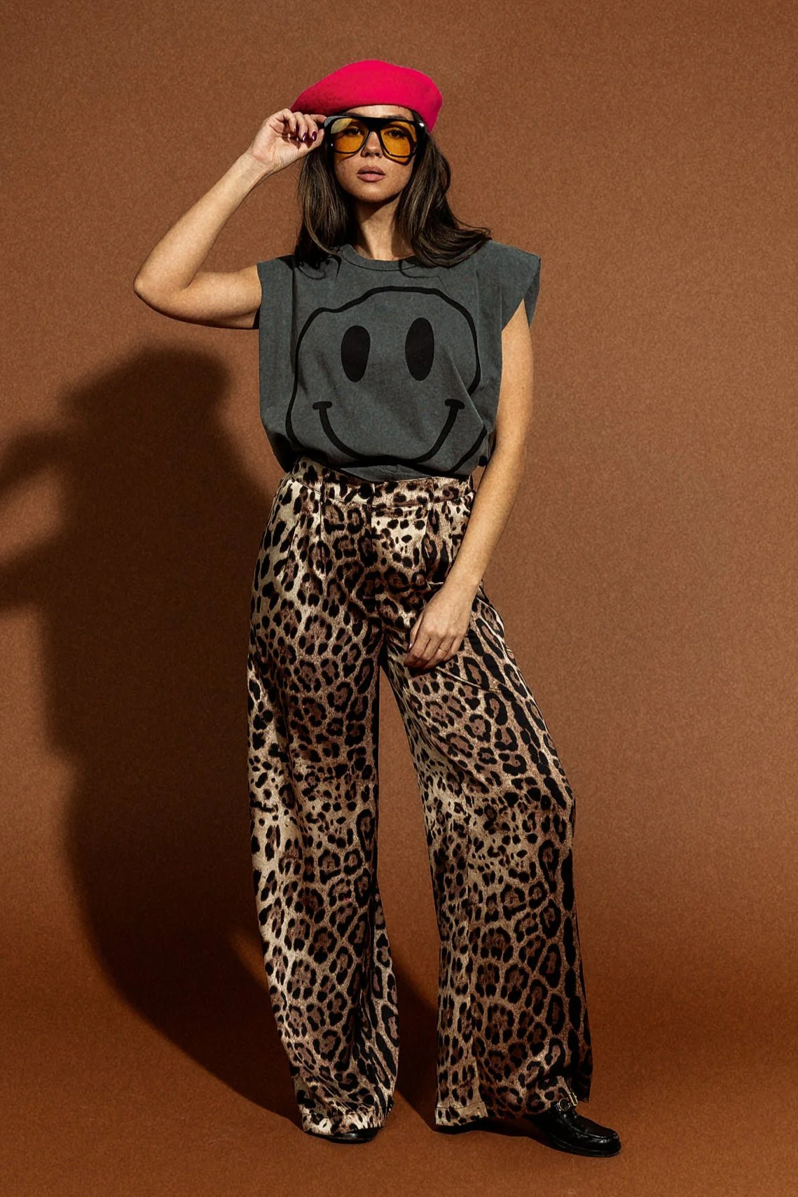 Wide Leg Satin Trousers in Here Kitty Kitty Leopard