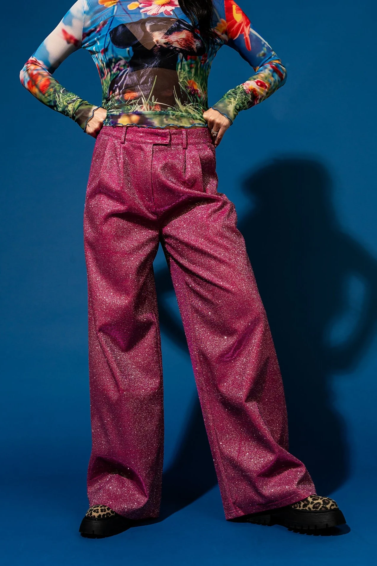 To The Disco Sparkle Wide Leg Trouser in Pink