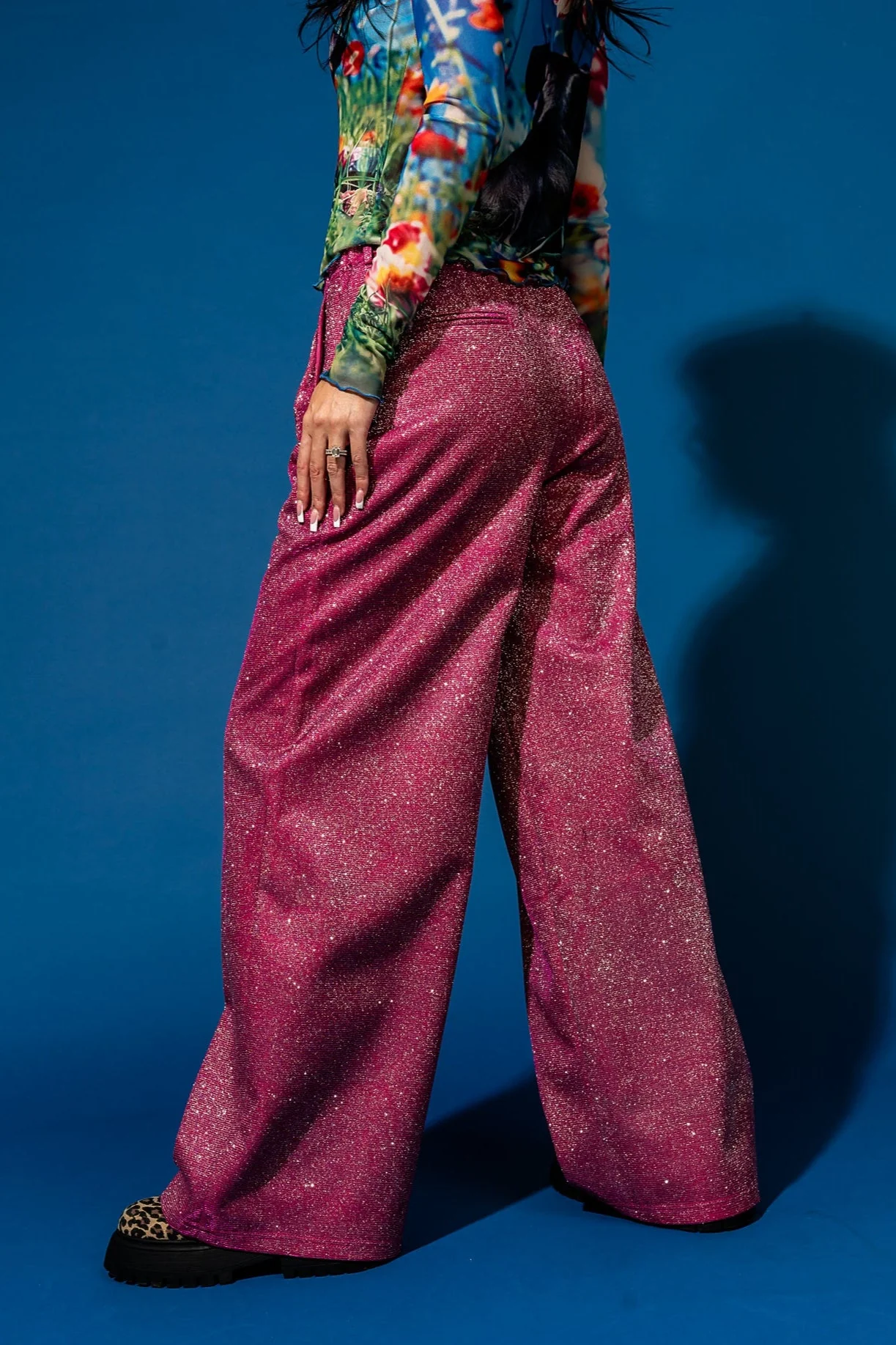 To The Disco Sparkle Wide Leg Trouser in Pink